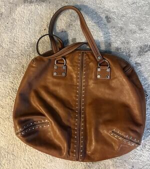 VINTAGE MICHAEL KORS ASTOR LARGE STUDDED HOBO HANDBAG BROWN XL 16 X 19 RARE Y2K